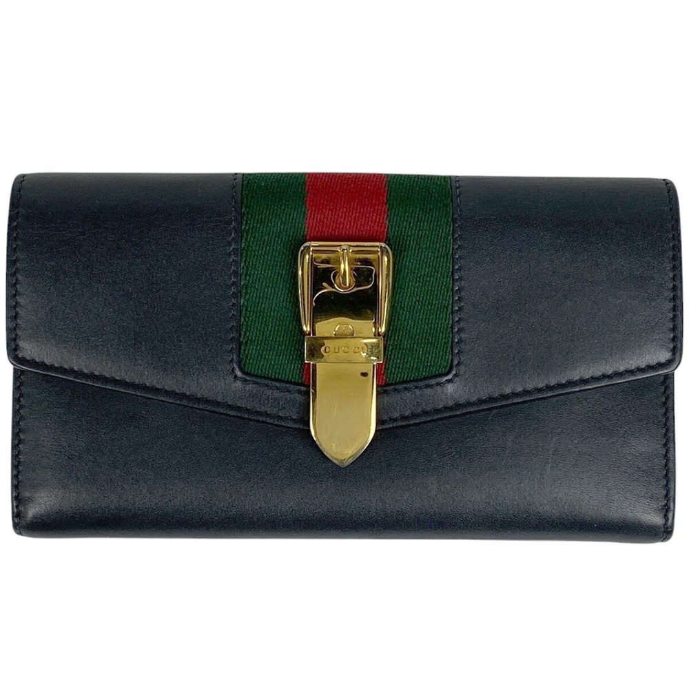 Gucci Sylvie Continental Wallet Bifold Web Sherry Black Leather
